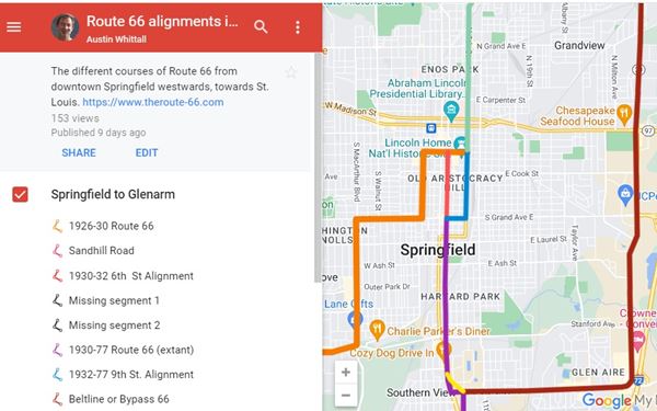 interactive map with colored lines marking Route 66 alignments in Springfield Illinois