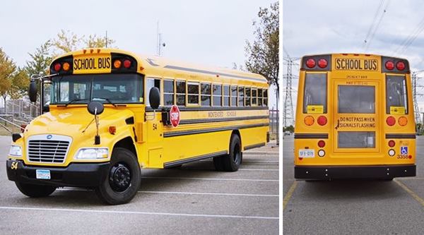 yellow school bus, rear and side view