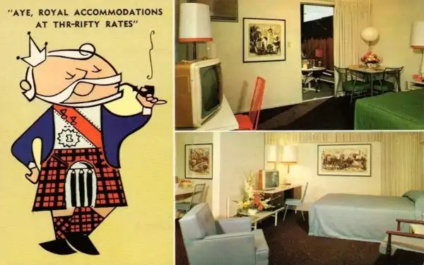 1960s postcard shows interior of motel rooms and a thrifty scotsman in a kilt