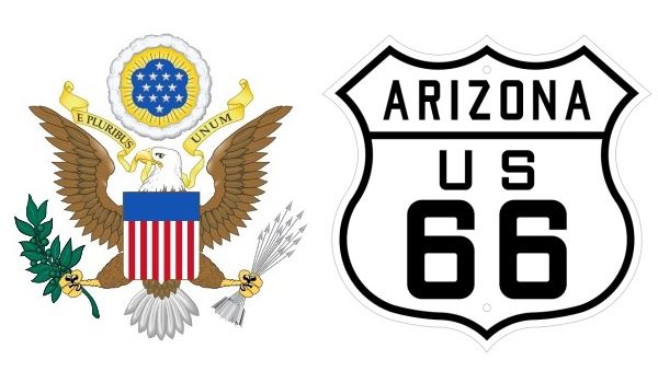 Great Seal of the US side by side with a US Highway shield