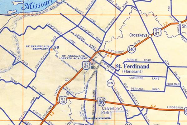 Roadmap from 1937 with Route 66 in Hazelwood and Florissant