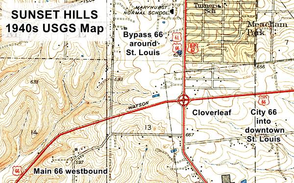 1940 USGS map of Sunset Hills, the cloverleaf, BYP 66 and City 66