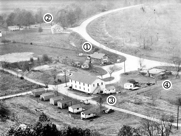 black and white aerial view of the village and Route 66 c.1940