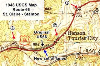 Route 66 in a USGS map published in 1948 showing old and new lanes in Benson City