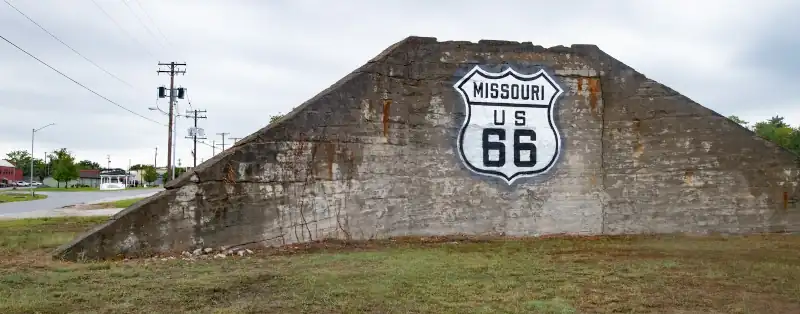 Route 66 shield painted on concrete viaduct