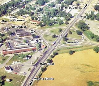 click to see 1960 aerial photo of Cloverleaf area Sunset Hills thumbnail color aerial view from 1960 of homes, motels, highways and the cloverleaf on US66