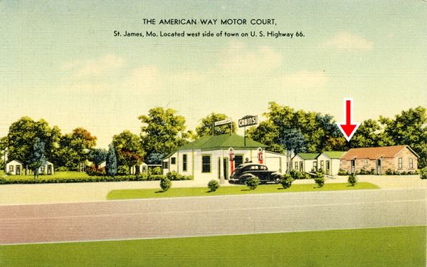 vintage 1940s postcard with gas station, car, cabins