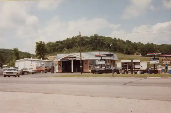 1983 color, cars, Amoco station, bays, gas pumps