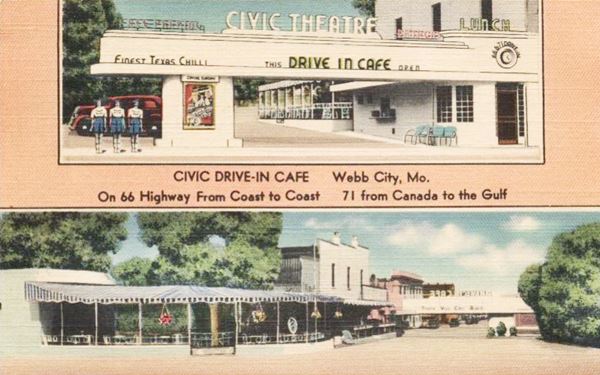 color 1930s postcard of a Route 66 Cafe