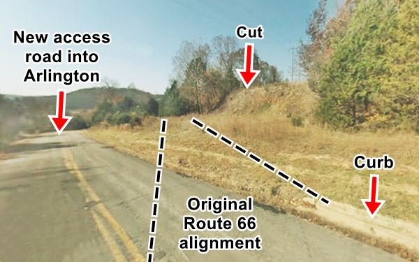 wooded hillside, current and old Route 66 roadbed, and the original alignment marked with colored lines