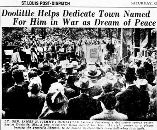 black and white newspaper picture of General Doolittle at the dedication ceremony speaking to the public