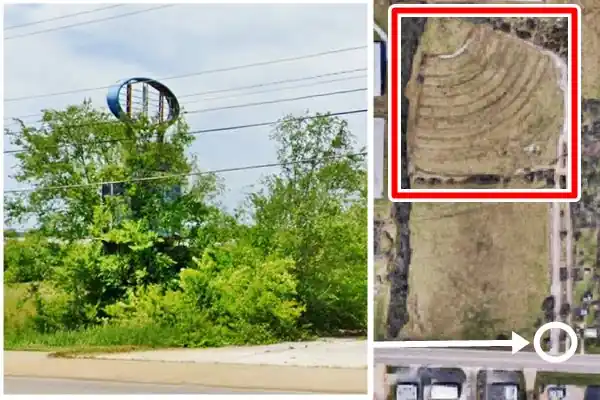 Holiday Drive-in Theater neon sign and aerial photo old neon sign and satellite view of Holiday Drive-in Theater
