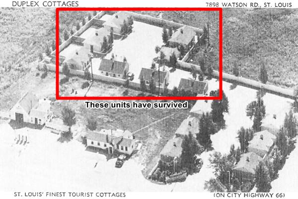 black and white aerial view in a 1930s postcard, cottage units, courtyard, trees seen from above