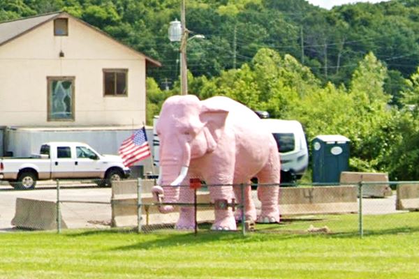 large statue of an elephant, painted pink with American flag held with its trunk on the lawn by the highway