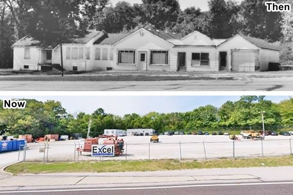 composite image of black and white 1993 view of a gable roof tavern, and now, color view same spot razed site with heavy machinery parked on gravel parking area