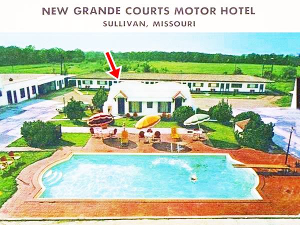Vintage postcard with pool, people swimming, and motel units, the Grande Courts on Route 66 in Sullivan Missouri