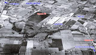 black and white aerial photo from 1949 showing fields, highway in Hazelwood