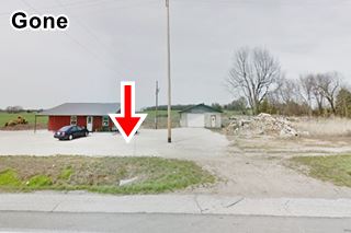 Site of Jim Collins garage Heatonville US66 rubble and red arrow in image marks site of old garage
