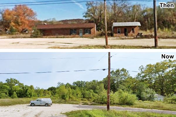 composite image of two buildings next to route 66, in 2008 still standing, and 2021 torn down