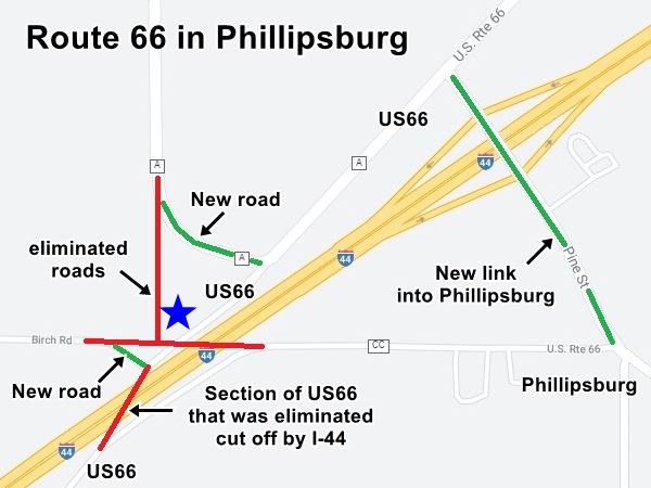 map with realignment of US66 in 1950s in Phillipsburg MO