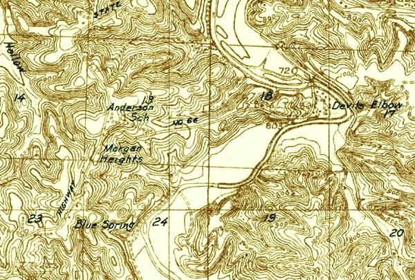 USGS map showing highways and contour lines in Morgan Heights, from 1936