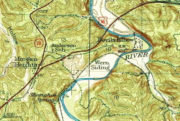 USGS map showing highways and contour lines in Morgan Heights, from 1942