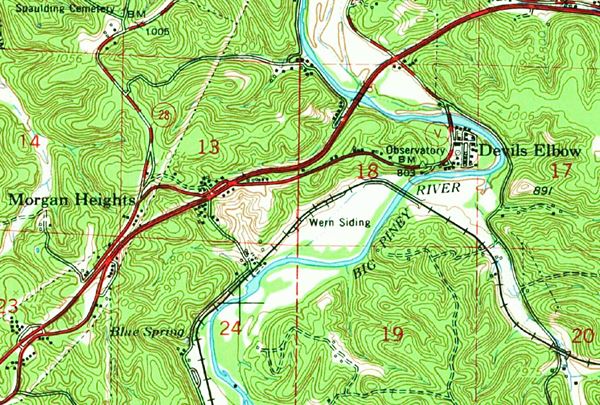 USGS map showing highways and contour lines in Morgan Heights, from 1954