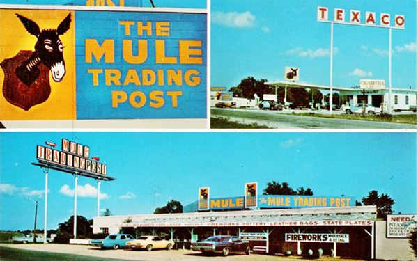 color 1970s postcard of trading post by Route 66