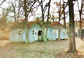 two cabins in the woods and fall leaves on the ground