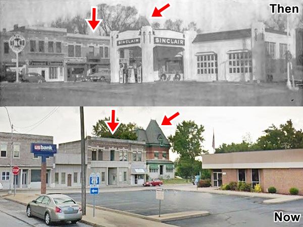 then and now sequence of a Sinclair gas station 1940s-now