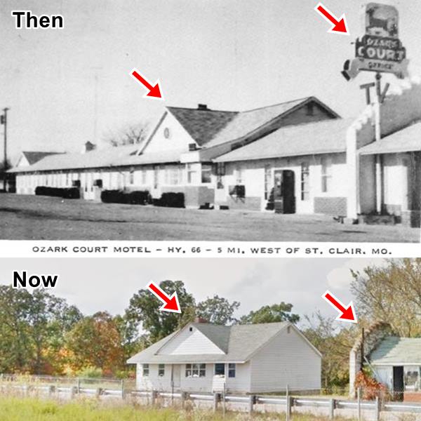 image combines black and white 1940s postcard of gable roof motel with 
neon sign and its current color picture