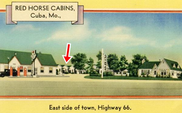 color 1930s postcard cabins, gable roof gas station and car