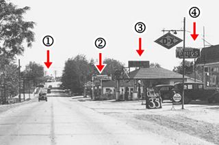 Route 66 view in 1930s, Cuba MO looking east along Route 66 1930s cars, gas stations and stores