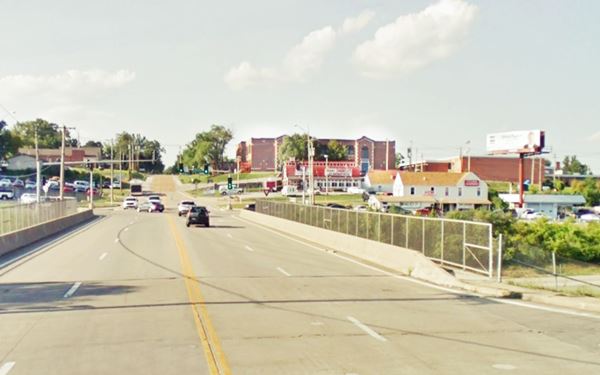 Central Ave. and I-44 overpass nowadays, cars and buildings