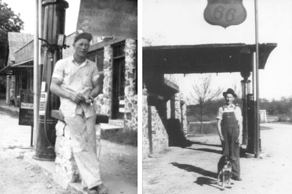 black and white photos of the gas station building, vintage gas pumps and attendant