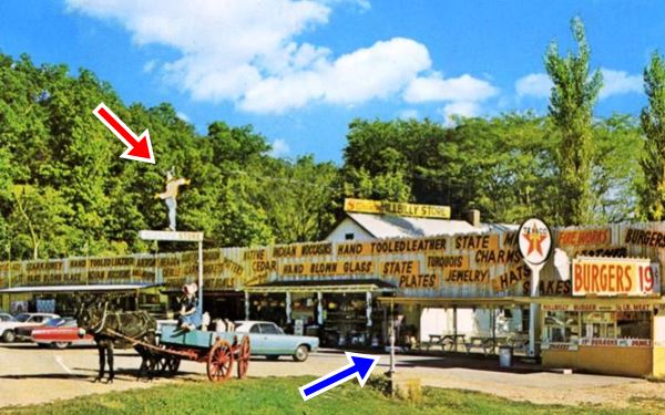color 1960s postcard of store and Texaco: Sterling Hillbilly Store