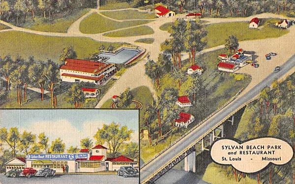 1930s color postcard with a bridge and highway in the foreground and a complex of red roofed buildings in a forested area with a swimming pool and park behind it