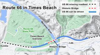 Route 66 map at Times Beach map with segments that can and can’t be driven along Route 66 in Times Beach