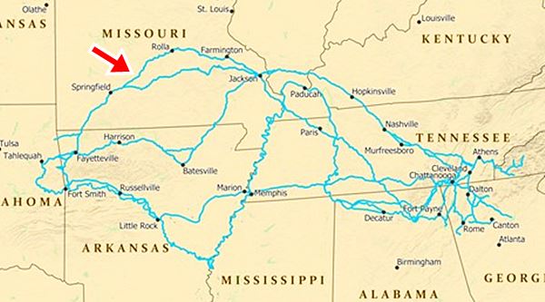 Map of central US showing the Trail of Tears routes across MO into Oklahoma
