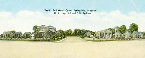 stone cottages and office seen from US 66 panoramic postcard