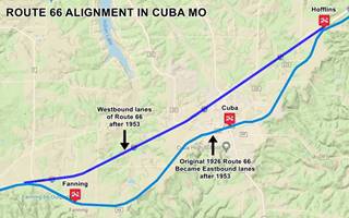 thumbnail map with US 66 alignments in Cuba MO