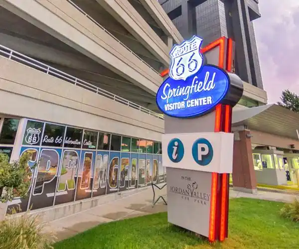 modern neon sign at the Visitor Center in Springfield MO Modern neon sign with classic design and US66 shield, lit up