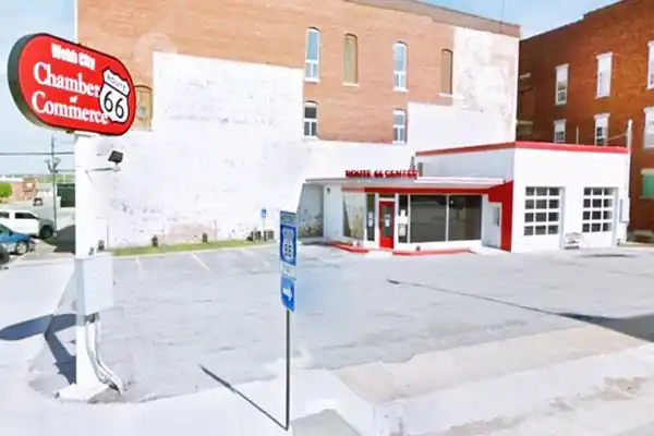 Former 1950s Service Station restored. Now: Webb City Route 66 Visitor Center