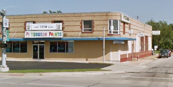 building on a corner, a paint store