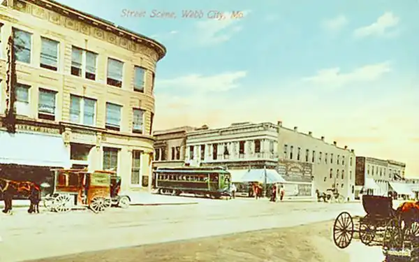 buildings in a painted 1913 postcard