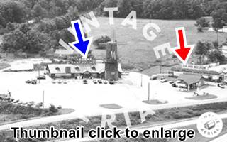 vintage black and white aerial photo thumbnail of a restaurant with windmill, gas station and cars in parking lotmotel
