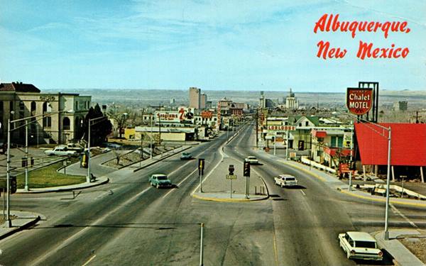 Central Ave and I-25 1960s Central Ave. in the 1960s, motels, neon signs, cars and buildings