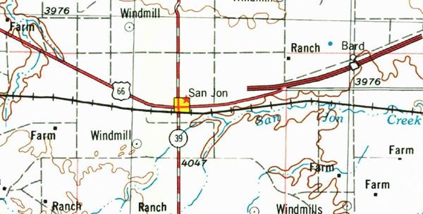 map showing the 1968 alignment of US 66 in San Jon