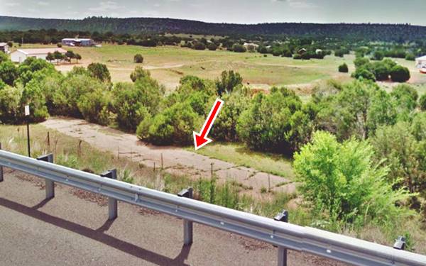 cracked concrete roadway of old US 66, trees bushes around it; seen from the freeway