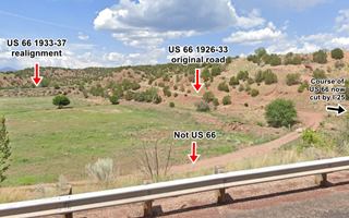 1926-33 US66 close to San Jose dirt trail on a hillside, field below